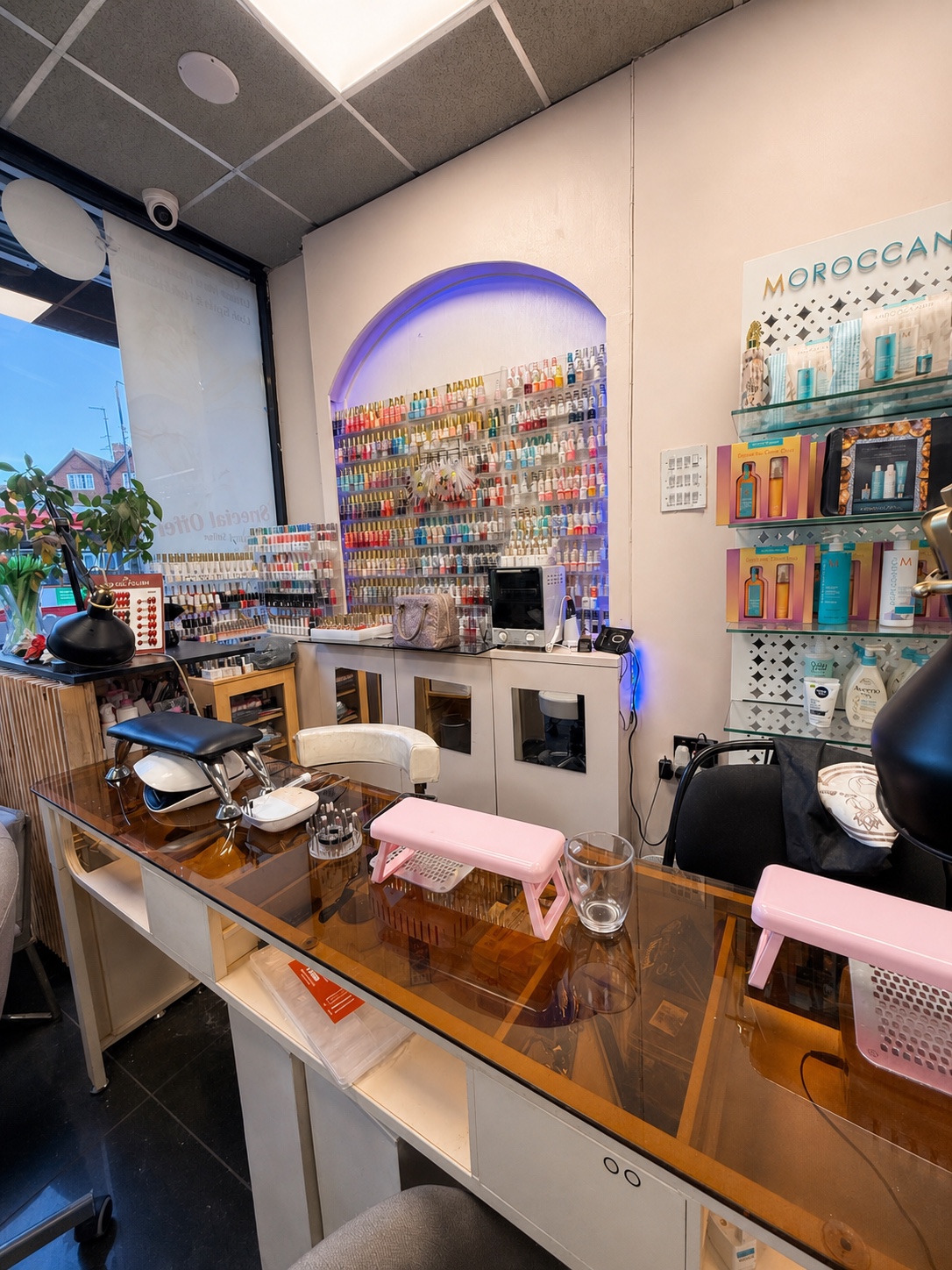 Chic Salon manicure area and nail colour display.