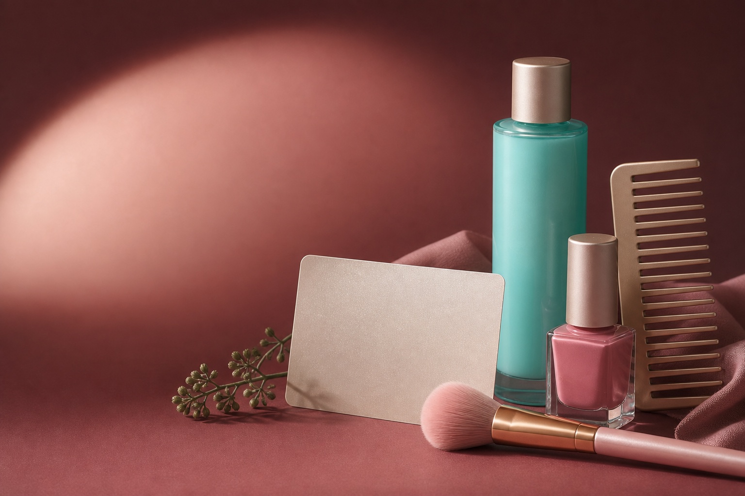 Illustrative seasonal beauty offer still life with gift card, hair, nail and skincare elements.