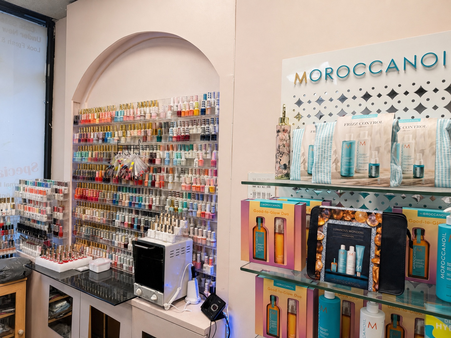 Moroccanoil haircare and nail colour displays at Chic Salon.