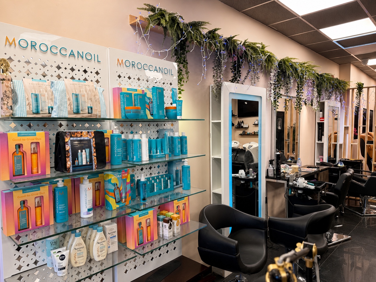 Moroccanoil retail display beside the Chic Salon styling area.