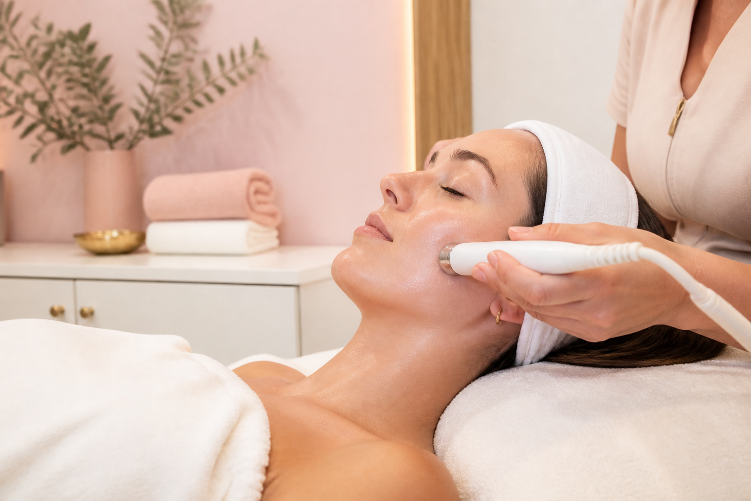 Illustrative editorial photograph of a facial skin treatment being carried out with a handheld device.