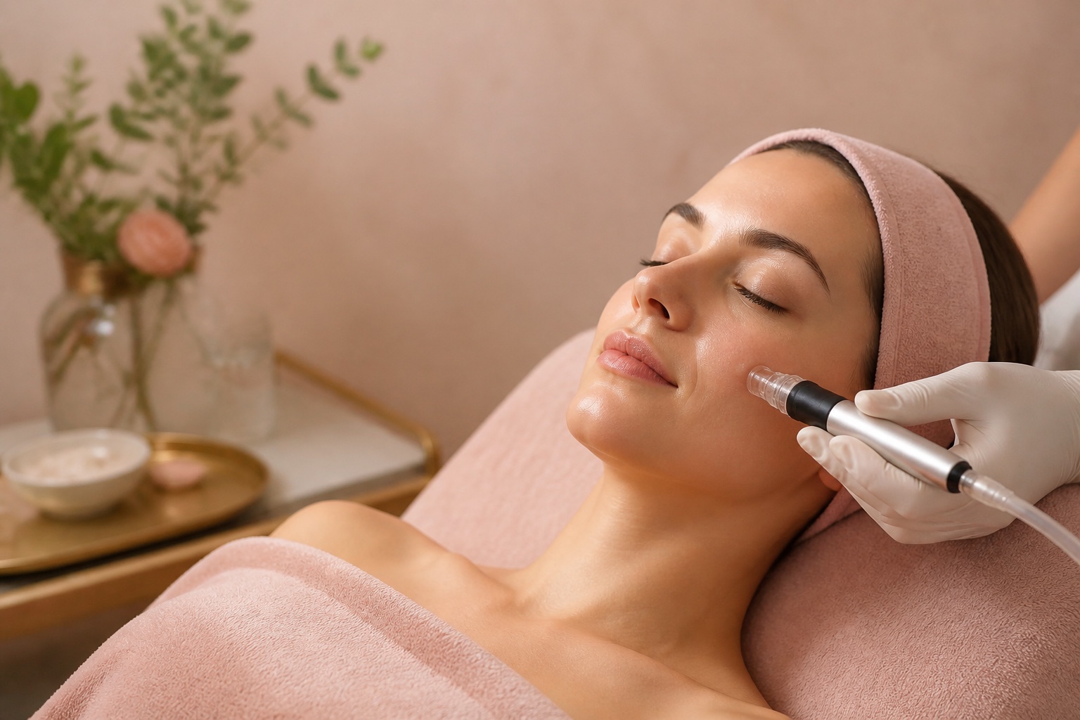 Illustrative hydrating facial treatment using a handheld skincare device.