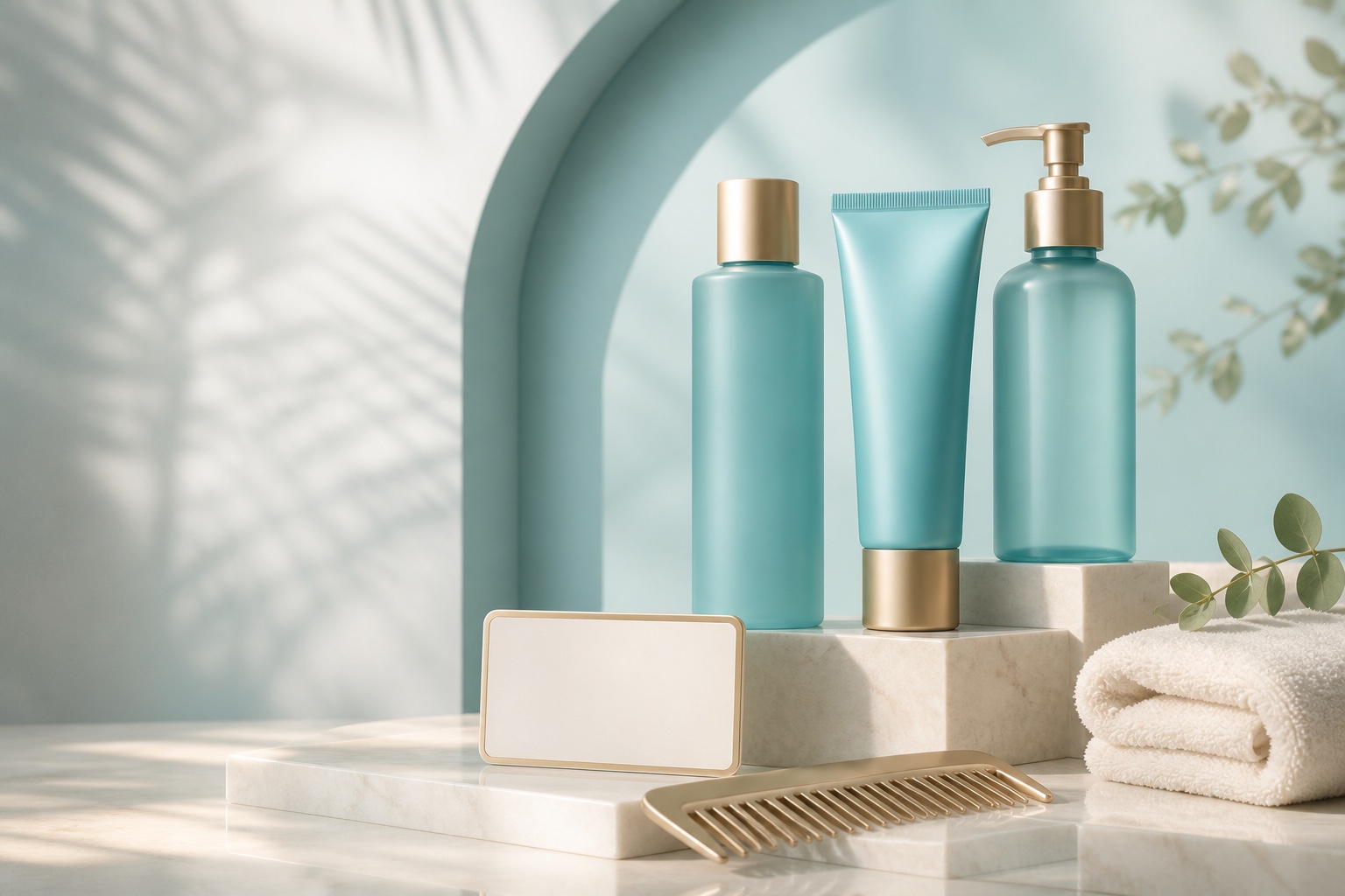 Illustrative aqua-and-pearl salon retail and gift-voucher still life.